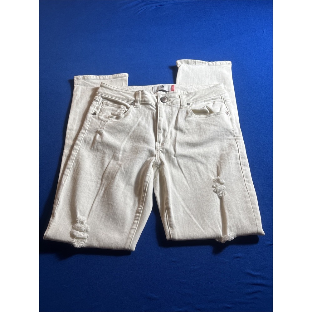 Cabi High Slim Straight Leg Jeans Woman's Sz 6 White Distressed 5 Pockets